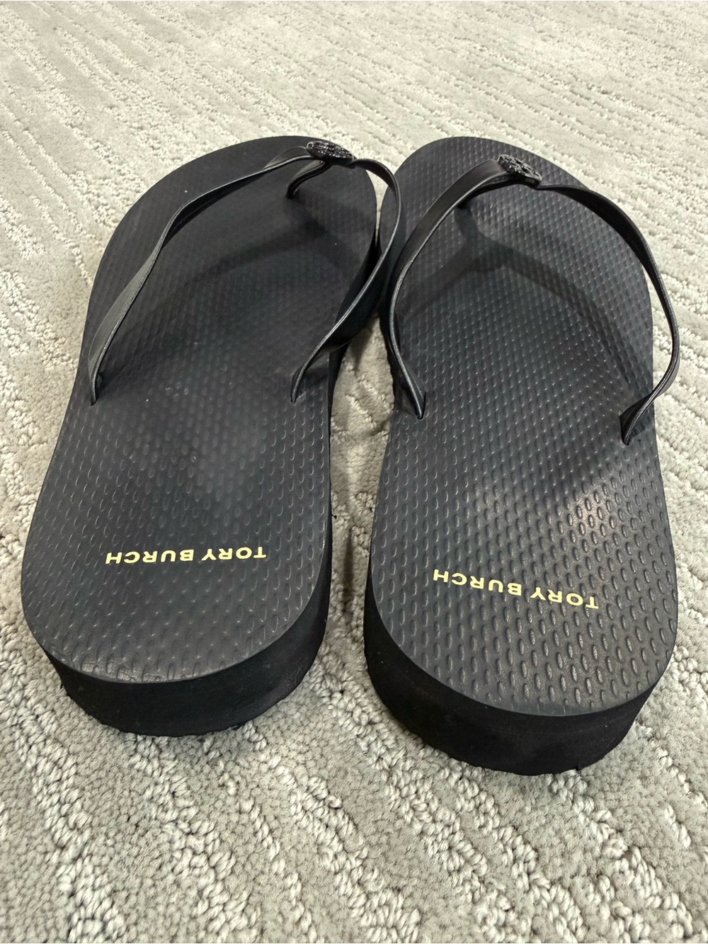Tory Burch Flatform Flip Flops Black Double T Logo Sandals Size 8 - Picture 4 of 7